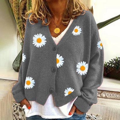 Vintage Single-Breasted Daisy Jacquard Sweater Cardigan elevenforest