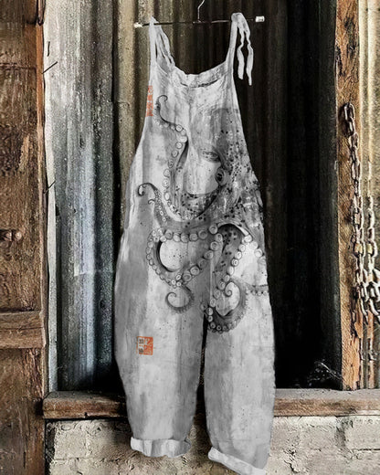 Comstylish Vintage Japanese Art Octopus Print Casual Loose Jumpsuit