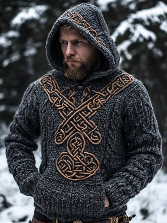 Men's Vintage Viking Inspired Celtic Jacquard Hooded Sweater artswardrobe