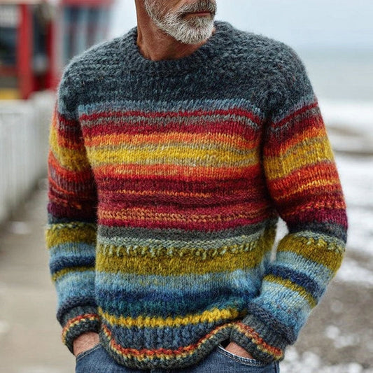 Men's Vintage Rainbow Stripe Knit Jacquard Fairman Island Jacquard Thick Warm Crew Neck Sweater artswardrobe