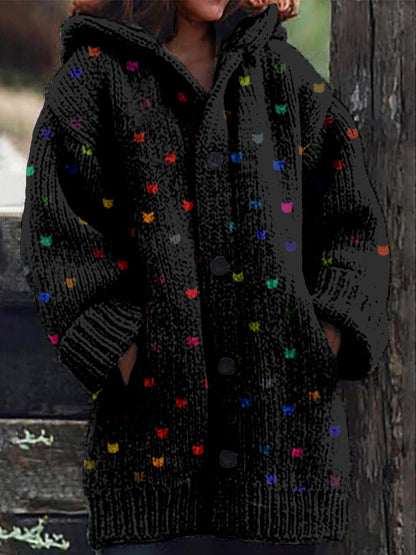 Comstylish Cute Little Kitty Pattern Cozy Hooded Knit Cardigan