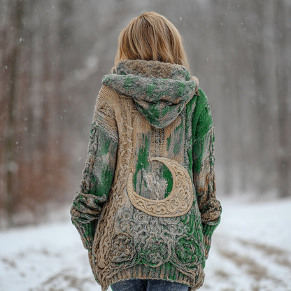 Women's Star And Moon Element Winter Warmth Knit Hooded Cardigan Sweater Jacket artswardrobe