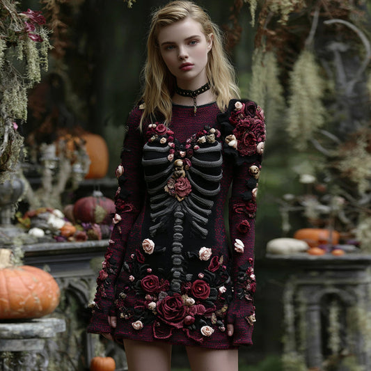 Women's Retro Floral Skull Cozy Knit Mini Sweater Dress artswardrobe