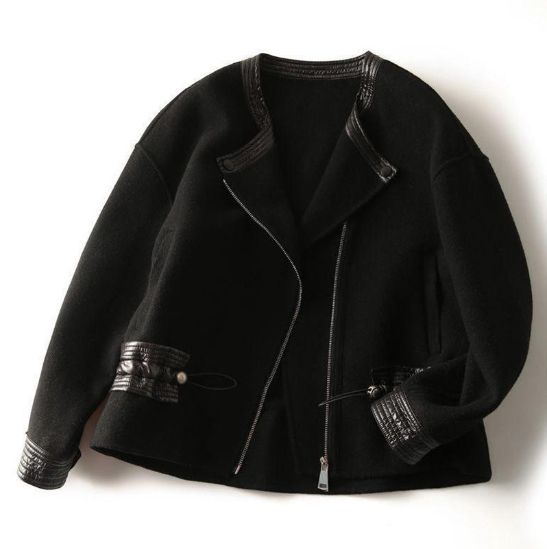 Design sense drawstring waist elegant woolen coat