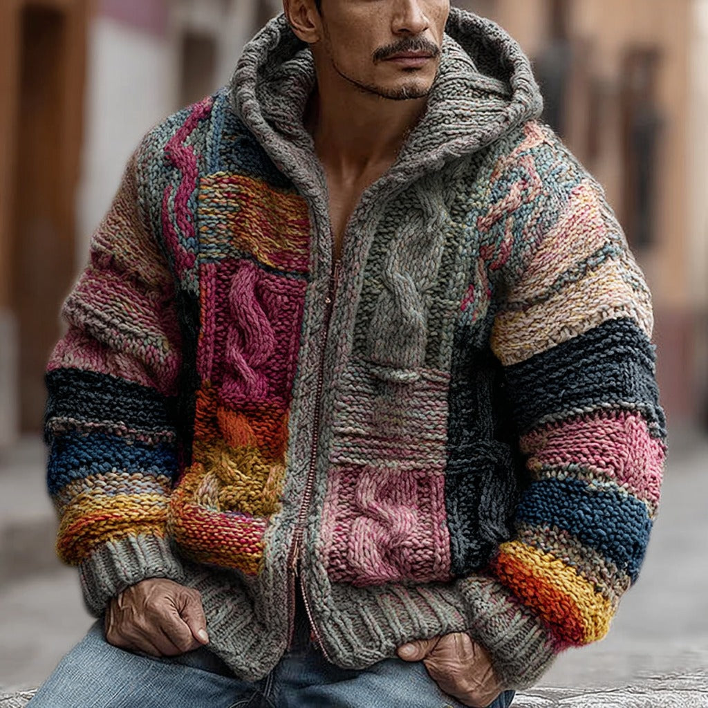 Men's Retro Geometric Knit Jacquard Warm Zip Hooded Sweater artswardrobe