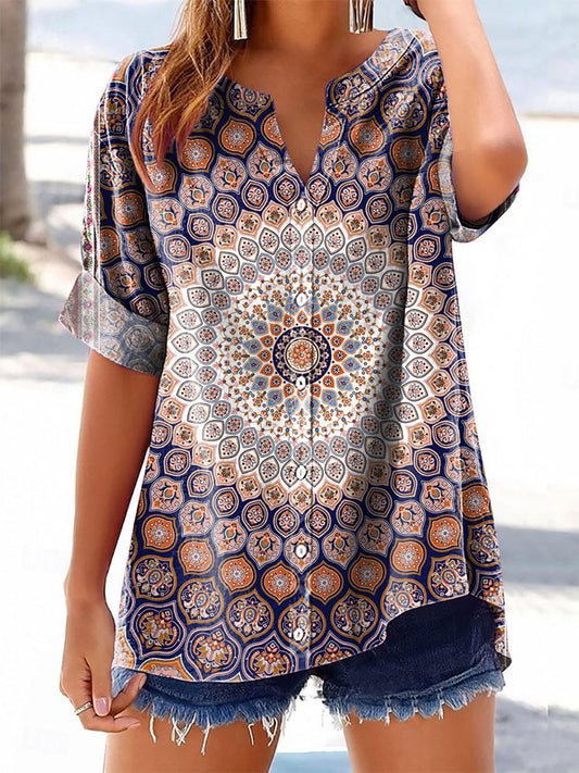 Women's Vintage Ethnic Floral Art Print Casual Cotton And Linen Shirt
