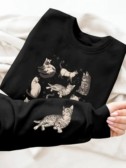 Cat Print Women's Crew Neck Sweatshirt elevenforest