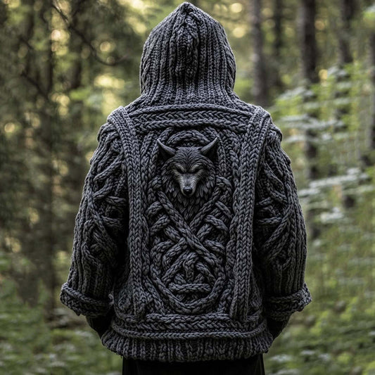 Men's Viking Wolf Celtic Jacquard Cozy Chunky Hooded Cardigan artswardrobe