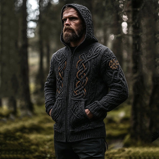 Men's Vintage Viking Inspired Celtic Jacquard Hooded Sweater Cardigan artswardrobe