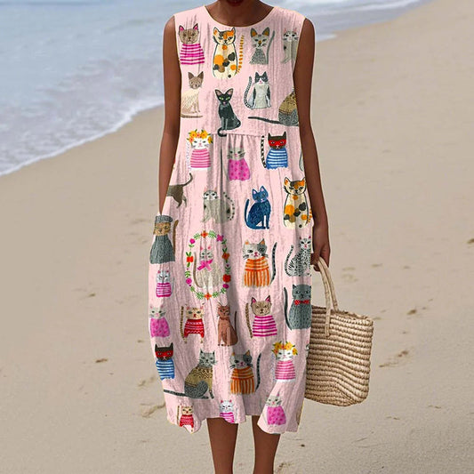 Comstylish Women's Cute Cat Art Print Linen Dress