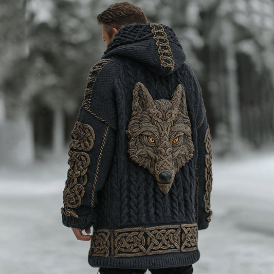 Men's Vintage Viking Celtic Knot Wolf Jacquard Knit Hooded Zipper Sweater Cardigan artswardrobe