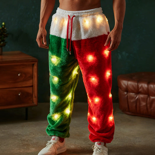 Comstylish Men's Fun Christmas Lights Color Block Comfortable Plush Sweatpants