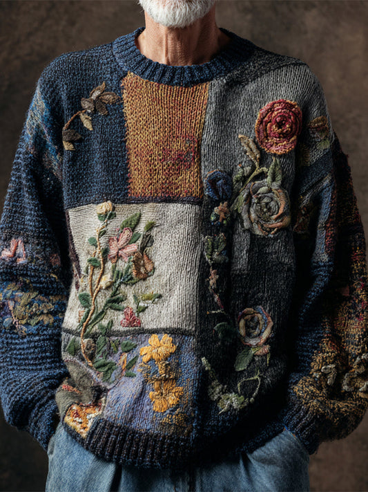 Boho Vintage Floral Patchwork Pattern Men's Knit Sweater artswardrobe