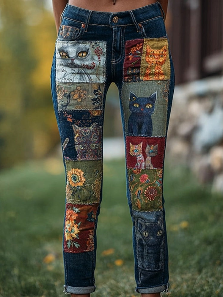 Cute Cats Patchwork Vintage Washed Skinny Jeans elevenforest