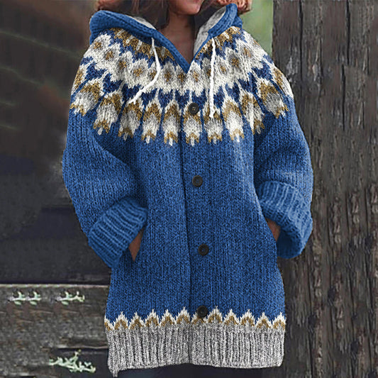 Vintage Iceland Knitted Print Hooded Cardigan Sweater artswardrobe