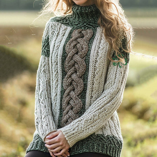 Women's Celtic Thick Rope Braid Trefoil Turtle Neck Contrast Sweater artswardrobe