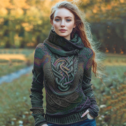 Women's Irish Rainbow Pattern Jacquard Pocket Cozy Hooded Sweater artswardrobe