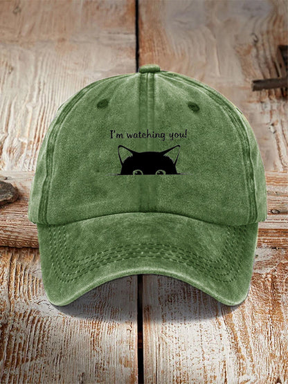 Comstylish I'm Watching You! Black Cat Print Washed Hat
