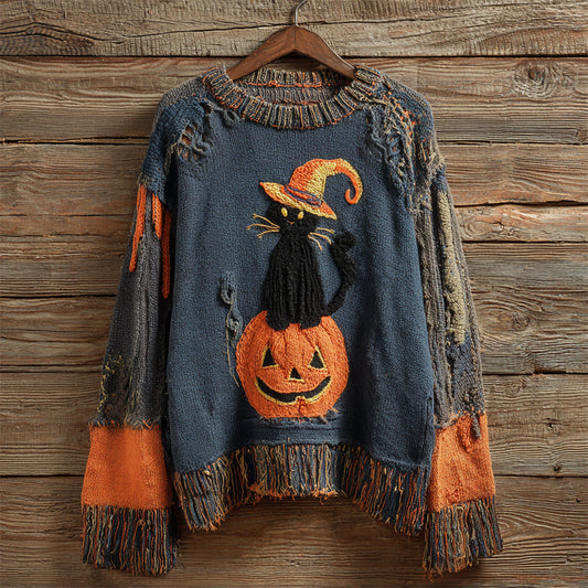 Halloween Witch Cat & Pumpkin Vintage Patchwork Art Women's Knit Sweater artswardrobe