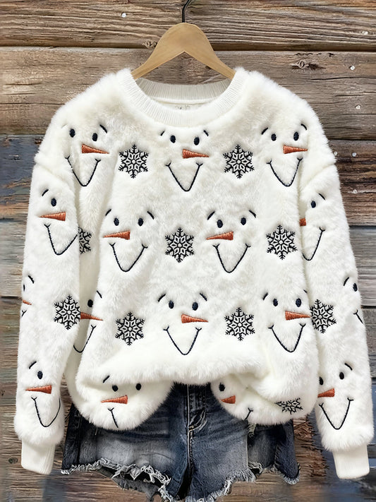 Snowman Faces & Snowflakes Embroidered Cozy Plush Sweatshirt