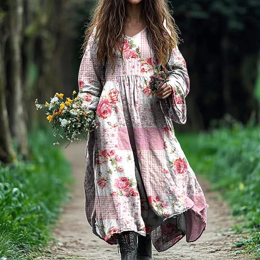 Comstylish Vintage Floral Art Cotton Linen Comfy Maxi Dress