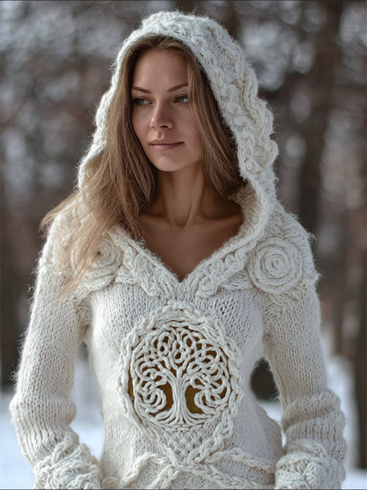 Viking Tree Of Life White Roses Celtic Cozy Fuzzy Hooded Sweater artswardrobe