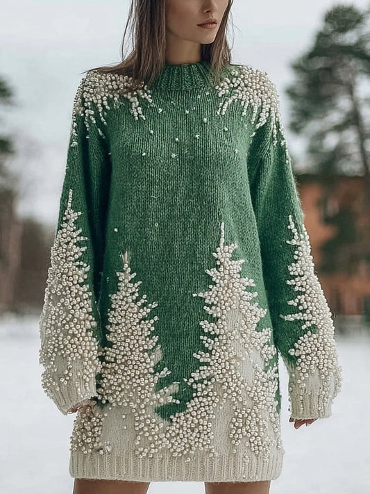 Vintage Christmas Trees Beads Embroidered Cozy Sweater Dress artswardrobe