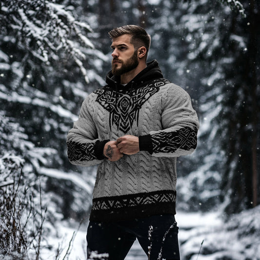 Men's Viking Tribal Jacquard Celtic Inspired Chunky Knit Hooded Sweater artswardrobe