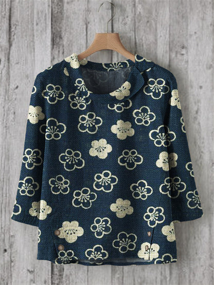 Comstylish Cherry Blossom Japanese Lino Pattern Linen Blend Tunic