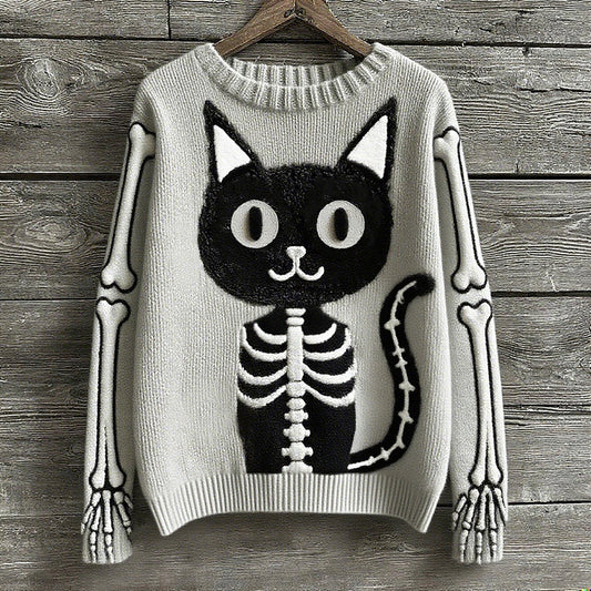 Halloween Cat Skeleton Knitted Jacquard Crew Neck Sweater artswardrobe