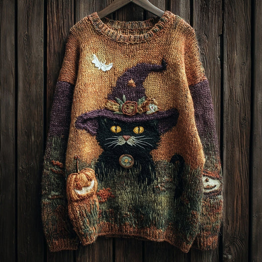 Halloween Witch Black Cat Vintage Cozy Knit Sweater artswardrobe
