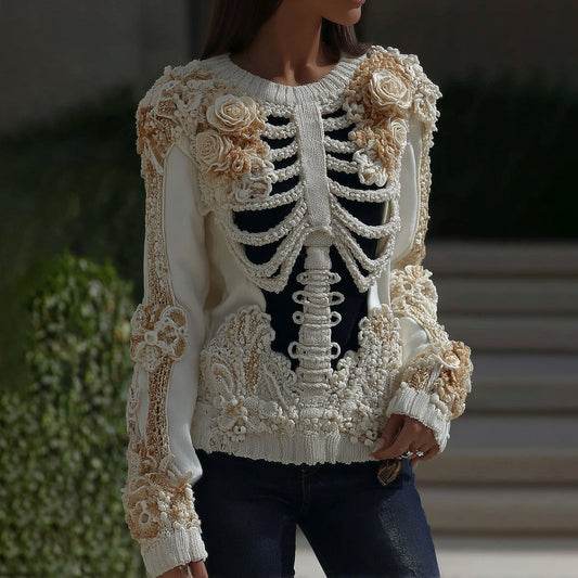 Women's Halloween Skeleton Bones With Roses Art Knitted Warm Sweater artswardrobe