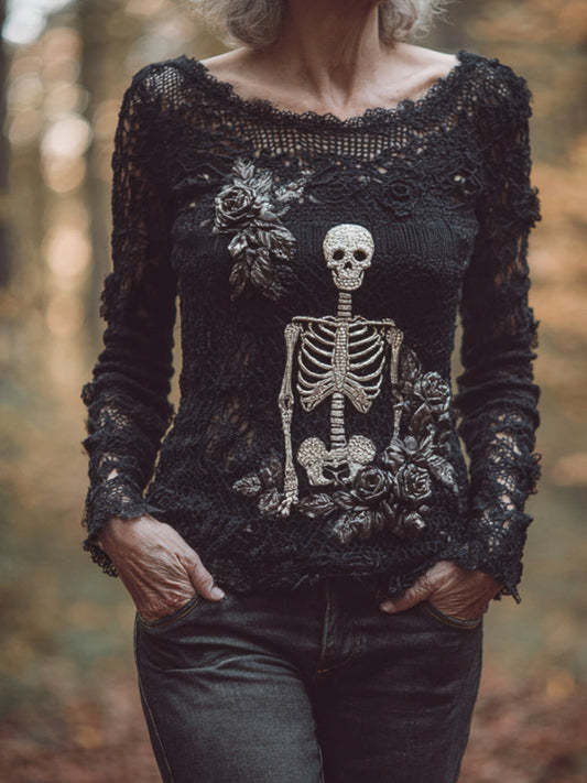 Women's Halloween Skeleton Rose Lace Edge Round Neck Sweater artswardrobe