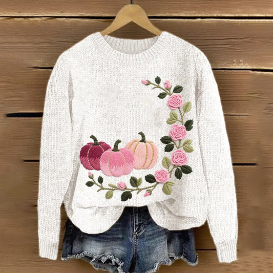 Women's Pink Pumpkin & Rose Embroidered Knit Print Sweater artswardrobe
