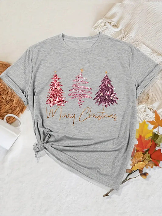 Comstylish Pink Glitter Christmas Tree Women's T-Shirt