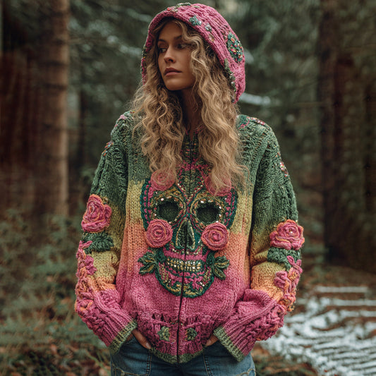 Women's Viking Tribal Jacquard Celtic With Red Rose And Skull Inspired Cozy Knitted Hooded Cardigan artswardrobe