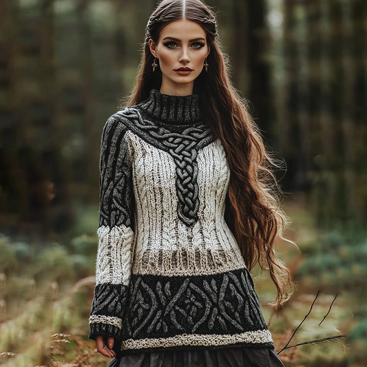 Vintage Viking Celtic Contrast Cozy Chunky High Neck Cozy Sweater artswardrobe