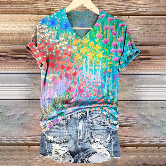 Women's Vintage Bohemian Floral Art Print V-neck Casual T-Shirt