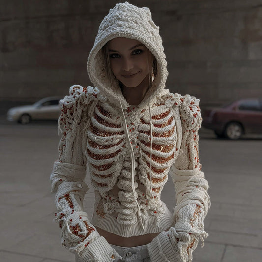 Women's Halloween Skull Sequined Knit Hooded Sweater artswardrobe