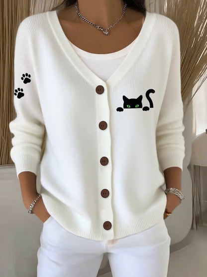 Women's Cute Cat Print Casual Knitted Cardigan artswardrobe