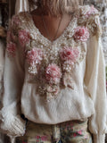 Vintage Boho Floral Pearl Embellished Embroidered Women's V-neck Sweater artswardrobe