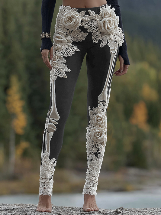 Vintage Halloween Skeleton Bones With Rose Art Cozy Knit Leggings artswardrobe
