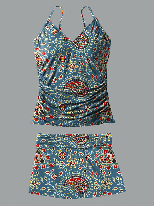 V-Neck Vintage Paisley Cashew Flower Print Suspender Skirt Tankini Pantskirt Set Swimsuit