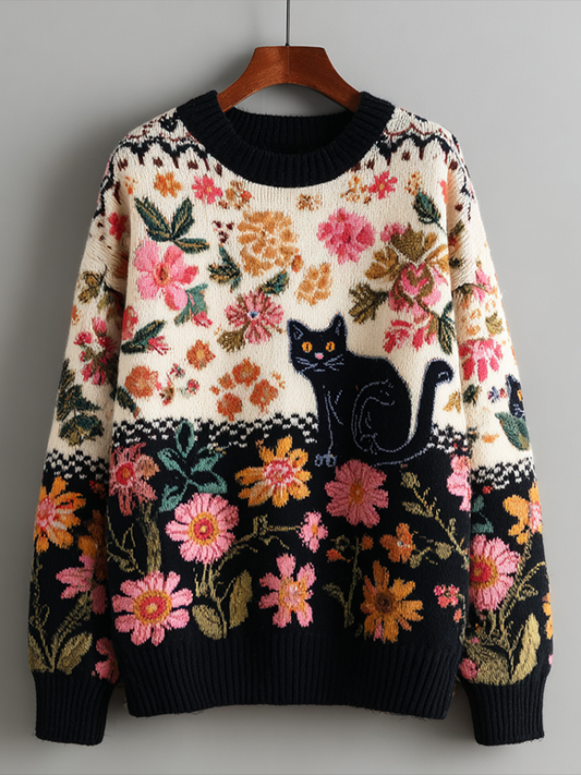 Bohemian Style Plant Flower And Cat Pattern Round Neck Sweater artswardrobe