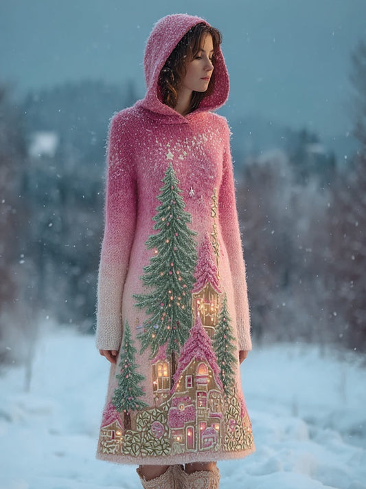 Vintage Christmas Cottage Embroidered Cozy Sweater Dress artswardrobe