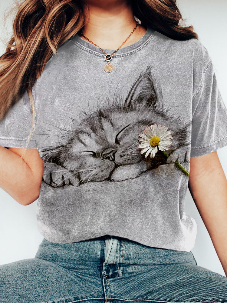 Cute Kitten & Daisy Pattern Washed Cozy T Shirt elevenforest