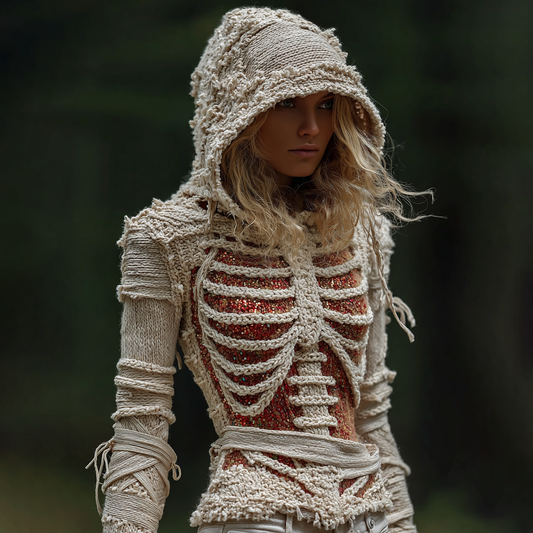 Women's Halloween Skeleton Bandages Art Knit Hooded Sweater artswardrobe