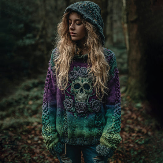 Women's Viking Tribal Jacquard Celtic With Rose And Skull Inspired Chunky Knit Hooded Sweater artswardrobe