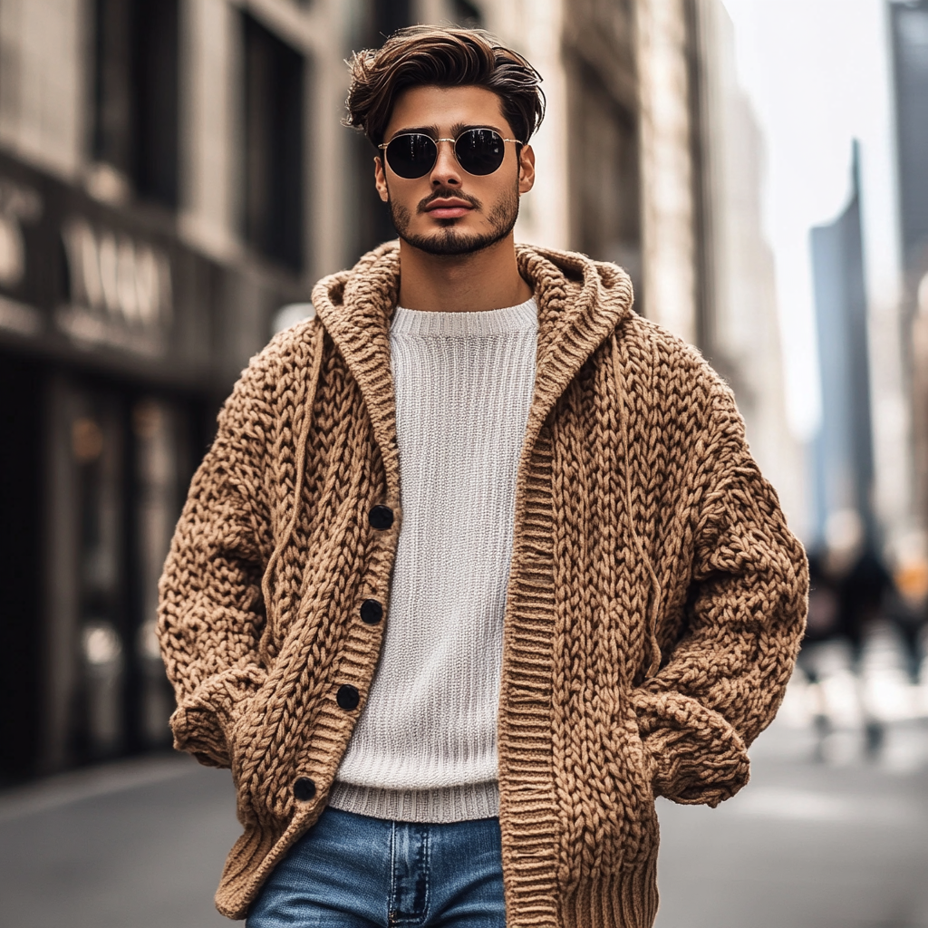 Vintage Chunky Knit Jacquard Cropped Hooded Cardigan artswardrobe