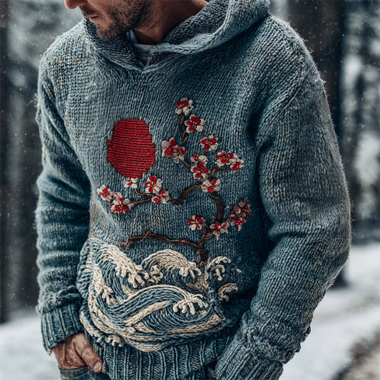 Vintage Japanese Floral Ocean Art Men's Knit Hooded Sweater artswardrobe